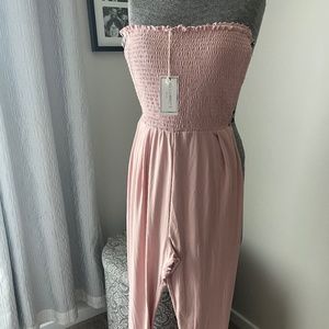 Pale pink strapless cotton jumpsuit. elastic gathered ankles Size L